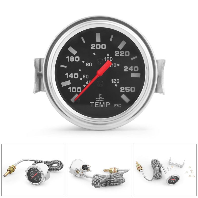 Dyno Racing 2" 52mm 12V Pointer Mechanical Water Temperature Temp Gauge (40-120℃,100-250℉),Yellow Light Car Meter with Sensor NPT 1/2,1.8m Wire Length - Image 3